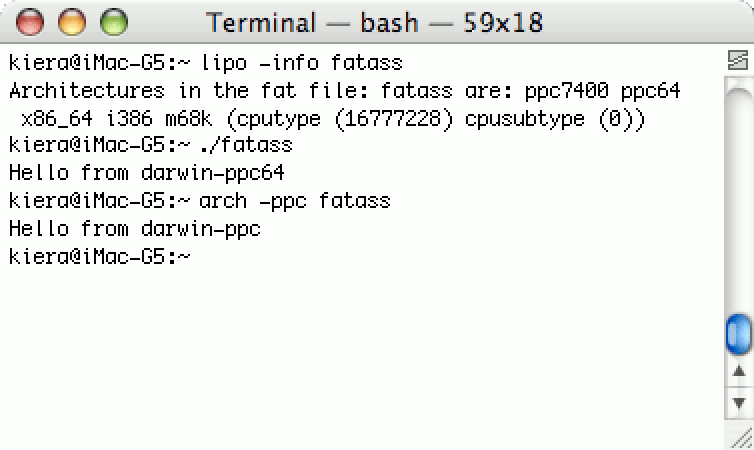 Terminal output. The 'lipo -info' command lists the architectures as m68k, i386, x86_64, ppc, and ppc64, and one unknown. Running the binary outputs 'Hello from darwin-ppc64!', but running it via 'arch -ppc' gives 'hello from darwin-ppc!'